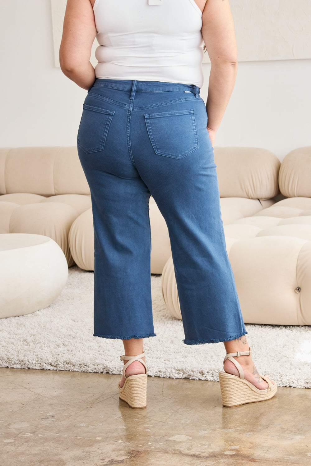 RFM Crop Chloe Full Size Tummy Control High Waist Raw Hem Jeans - JEANS - Blue