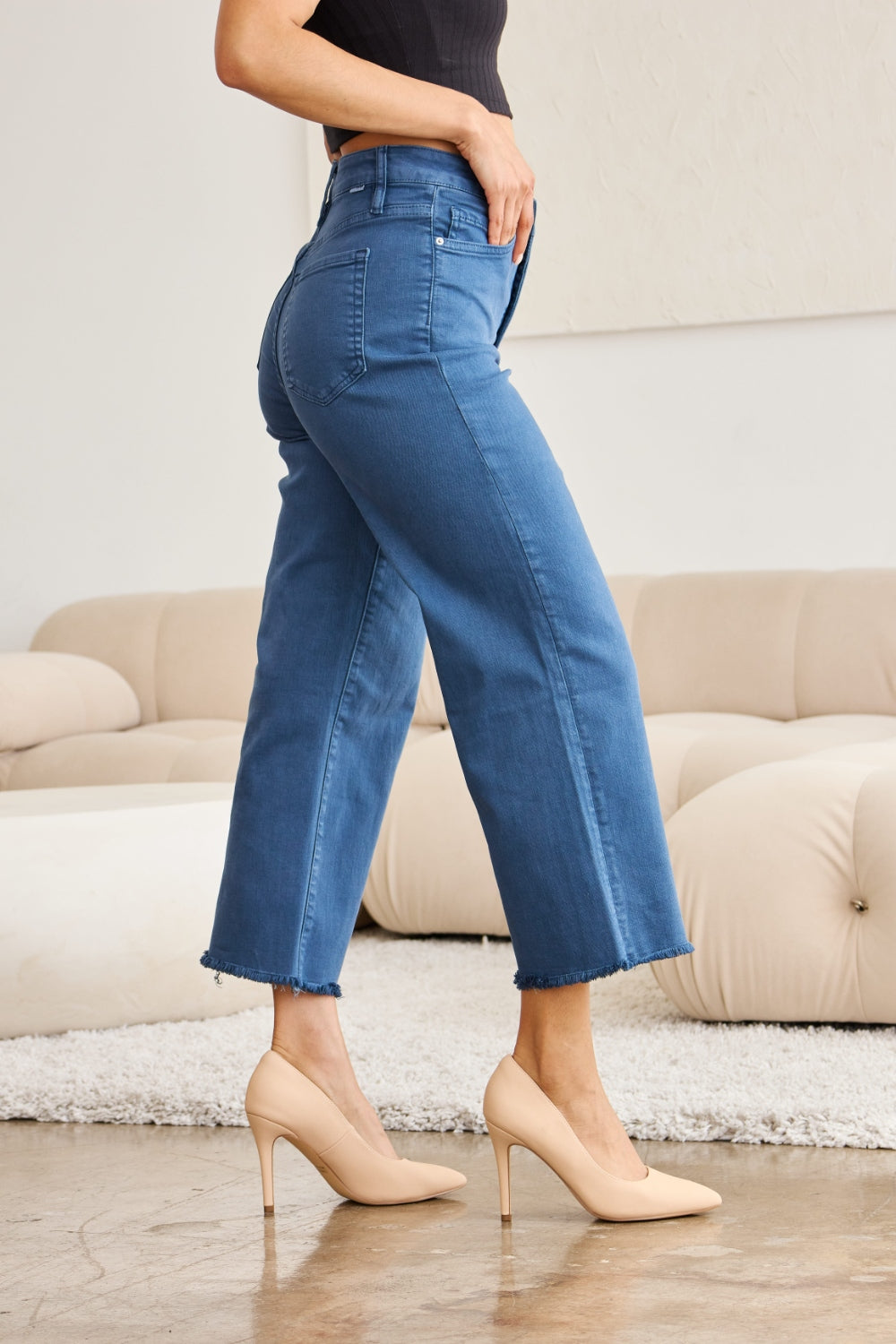 RFM Crop Chloe Full Size Tummy Control High Waist Raw Hem Jeans - JEANS - Blue