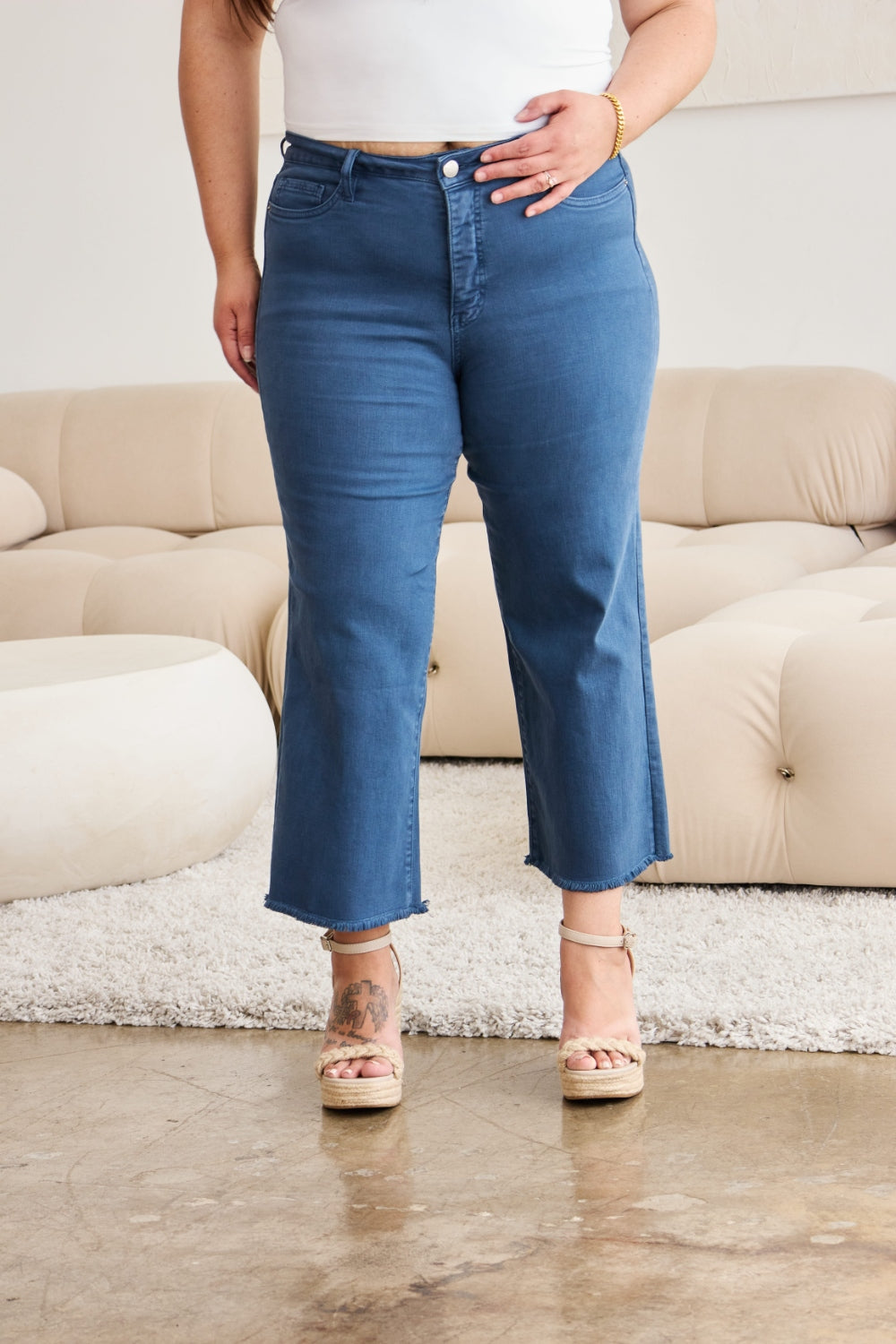 RFM Crop Chloe Full Size Tummy Control High Waist Raw Hem Jeans - JEANS - Blue