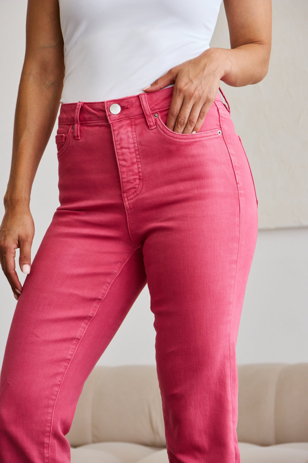 RFM Crop Dylan Full Size Tummy Control High Waist Raw Hem Jeans - JEANS - Pink