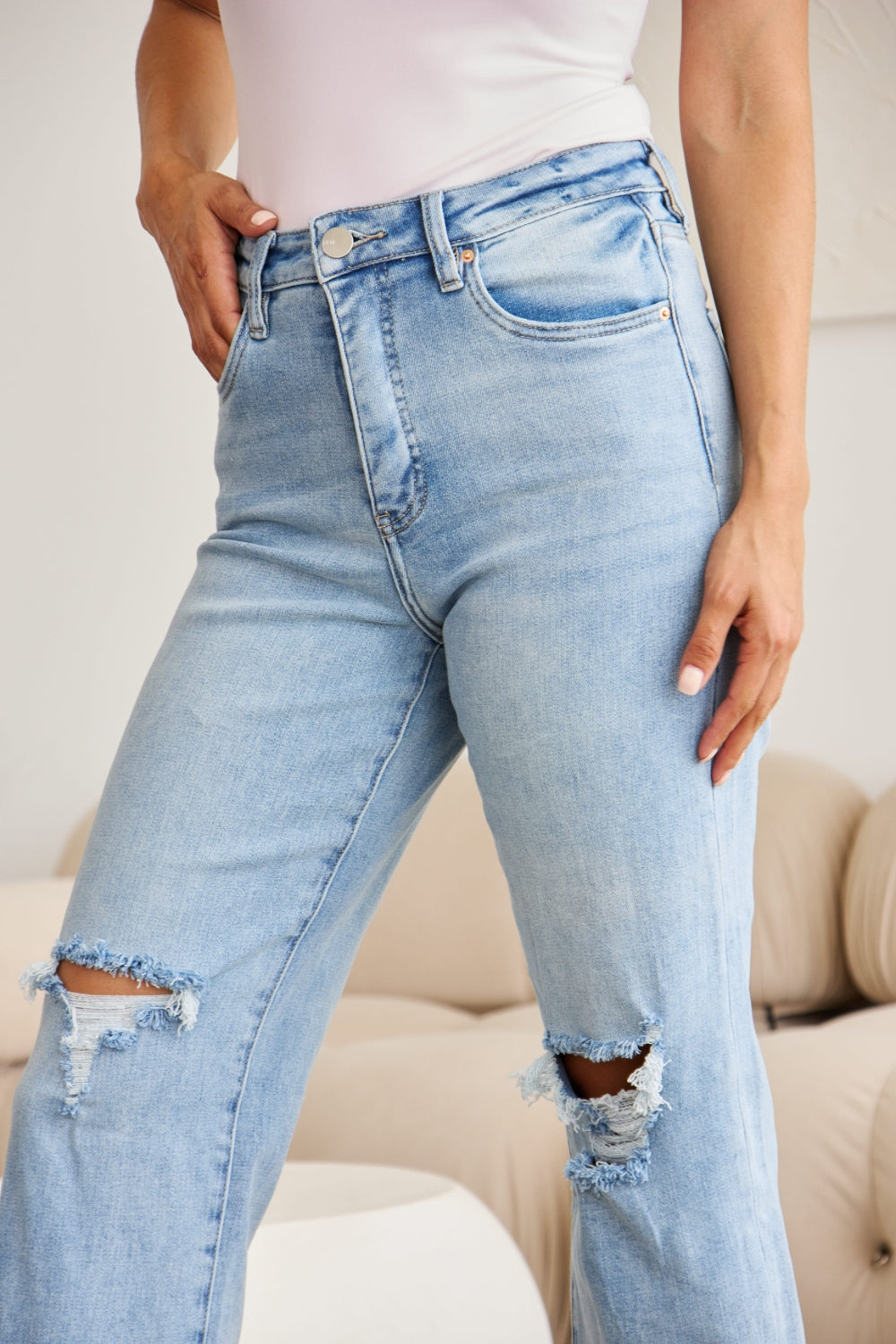 RFM Full Size Tummy Control High Waist Raw Hem Distressed Jeans - JEANS - Light Denim