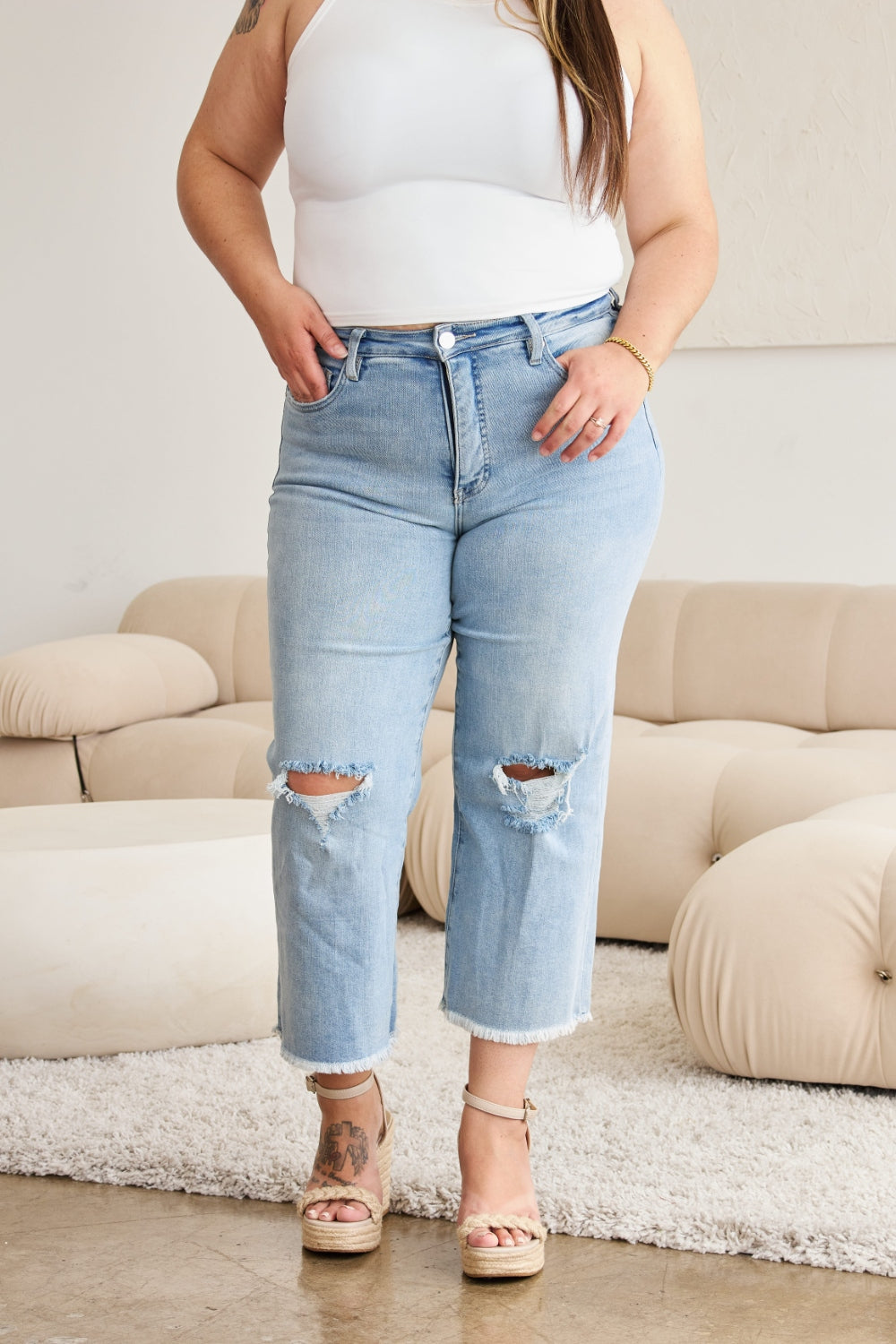 RFM Full Size Tummy Control High Waist Raw Hem Distressed Jeans - JEANS - Light Denim