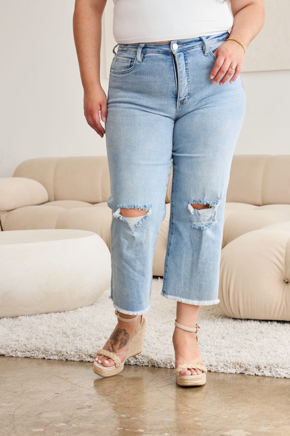 RFM Full Size Tummy Control High Waist Raw Hem Distressed Jeans - JEANS - Light Denim