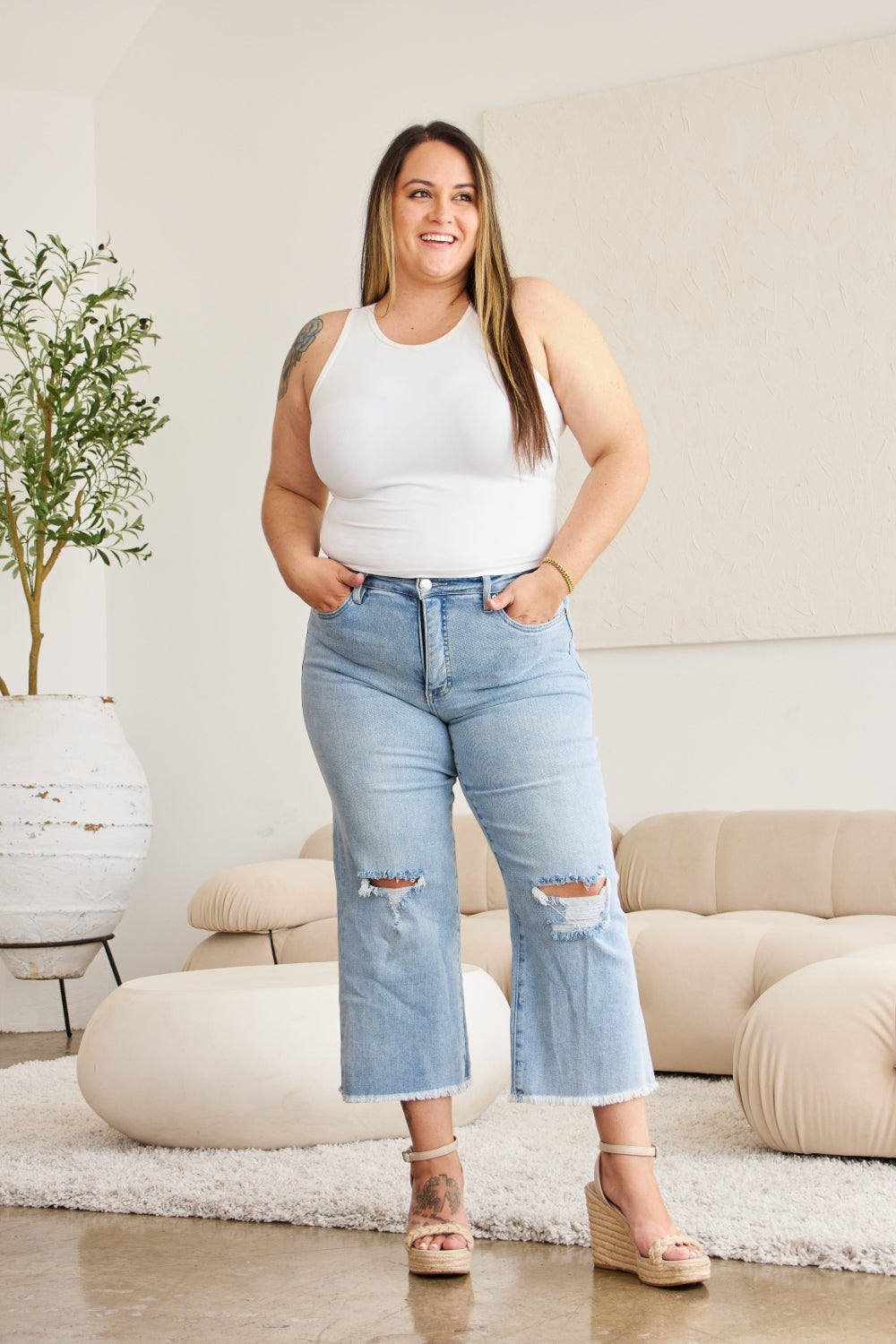 RFM Full Size Tummy Control High Waist Raw Hem Distressed Jeans - Light Potassium w/ destruct / 23 - JEANS - Light Denim