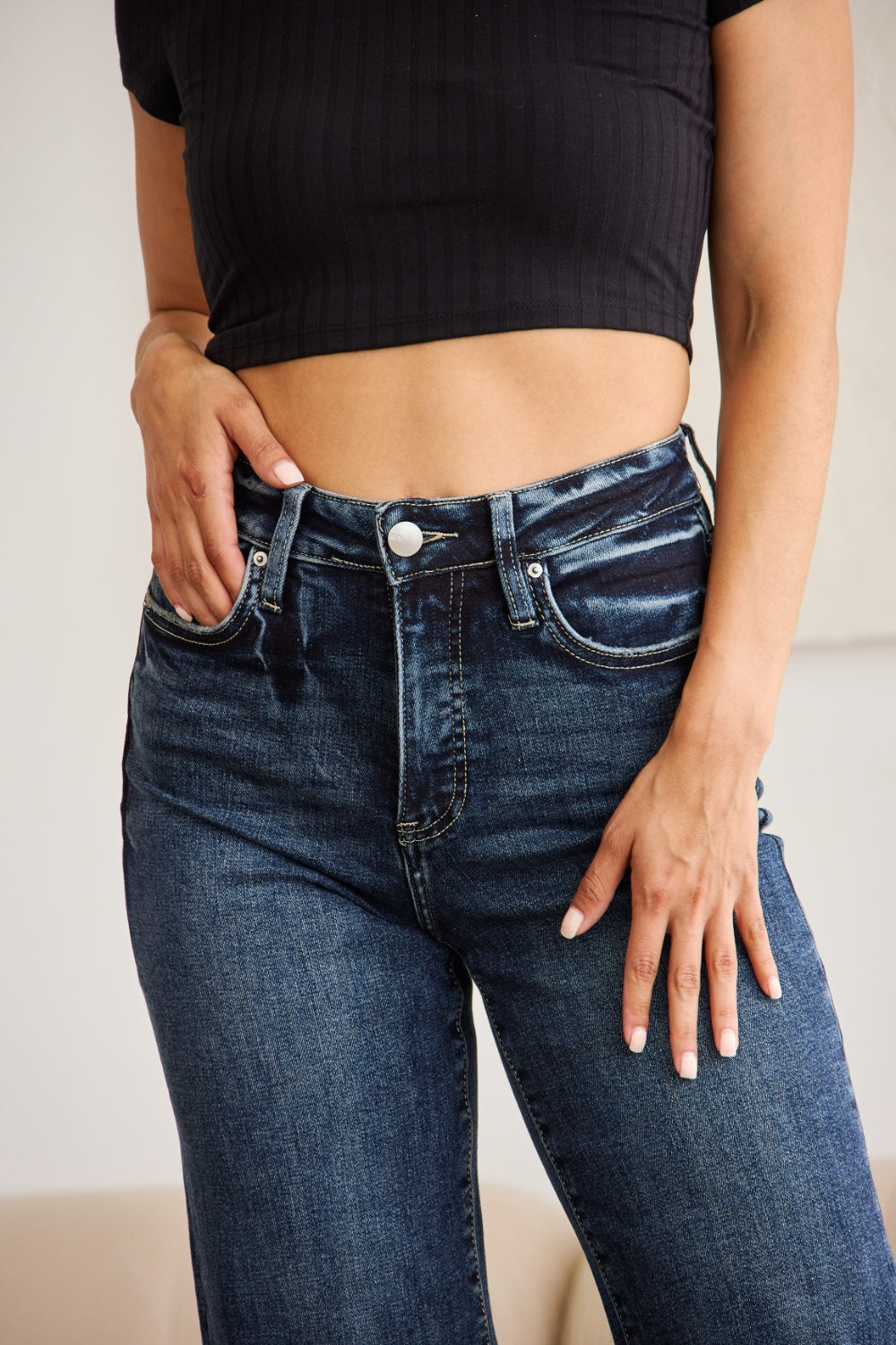 RFM Full Size Tummy Control High Waist Raw Hem Jeans - JEANS - Dark Blue