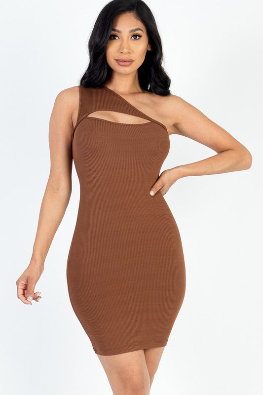 Ribbed One Shoulder Cutout Front Mini Bodycon Dress Smile Sparker