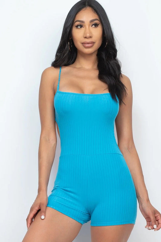 Ribbed Sleeveless Back Cutout Bodycon Active Romper Smile Sparker