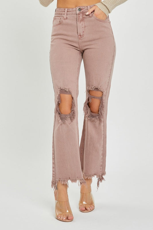 RISEN Distressed Ankle Bootcut Jeans - Mauve / JEANS - Mauve