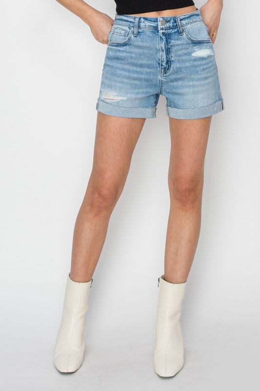 RISEN Distressed Mid-Rise Waist Denim Shorts - Light / S - BOTTOMS - Light Denim