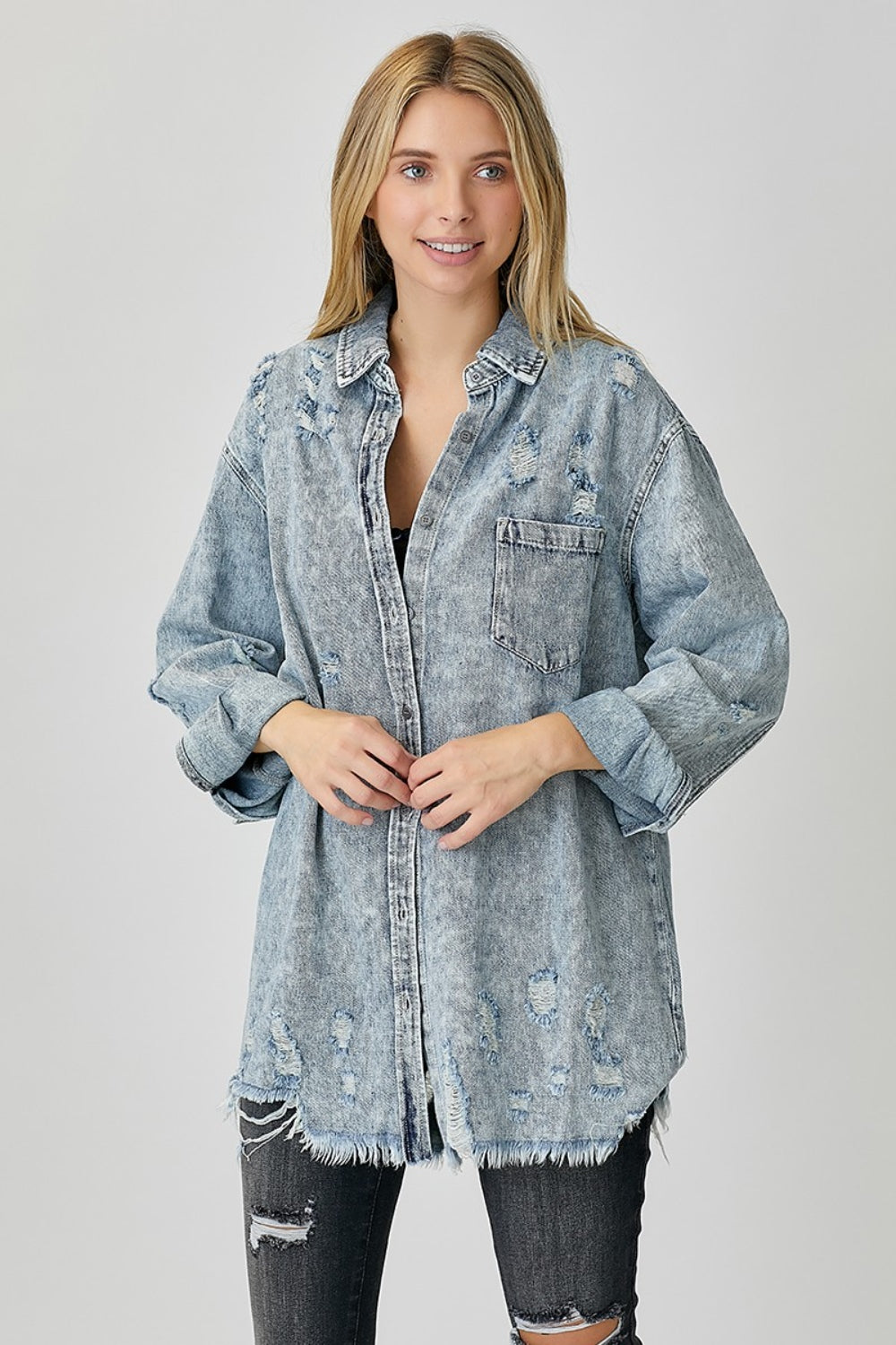 RISEN Distressed Raw Hem Denim Shirt - SHIRTS & BLOUSES - Grey