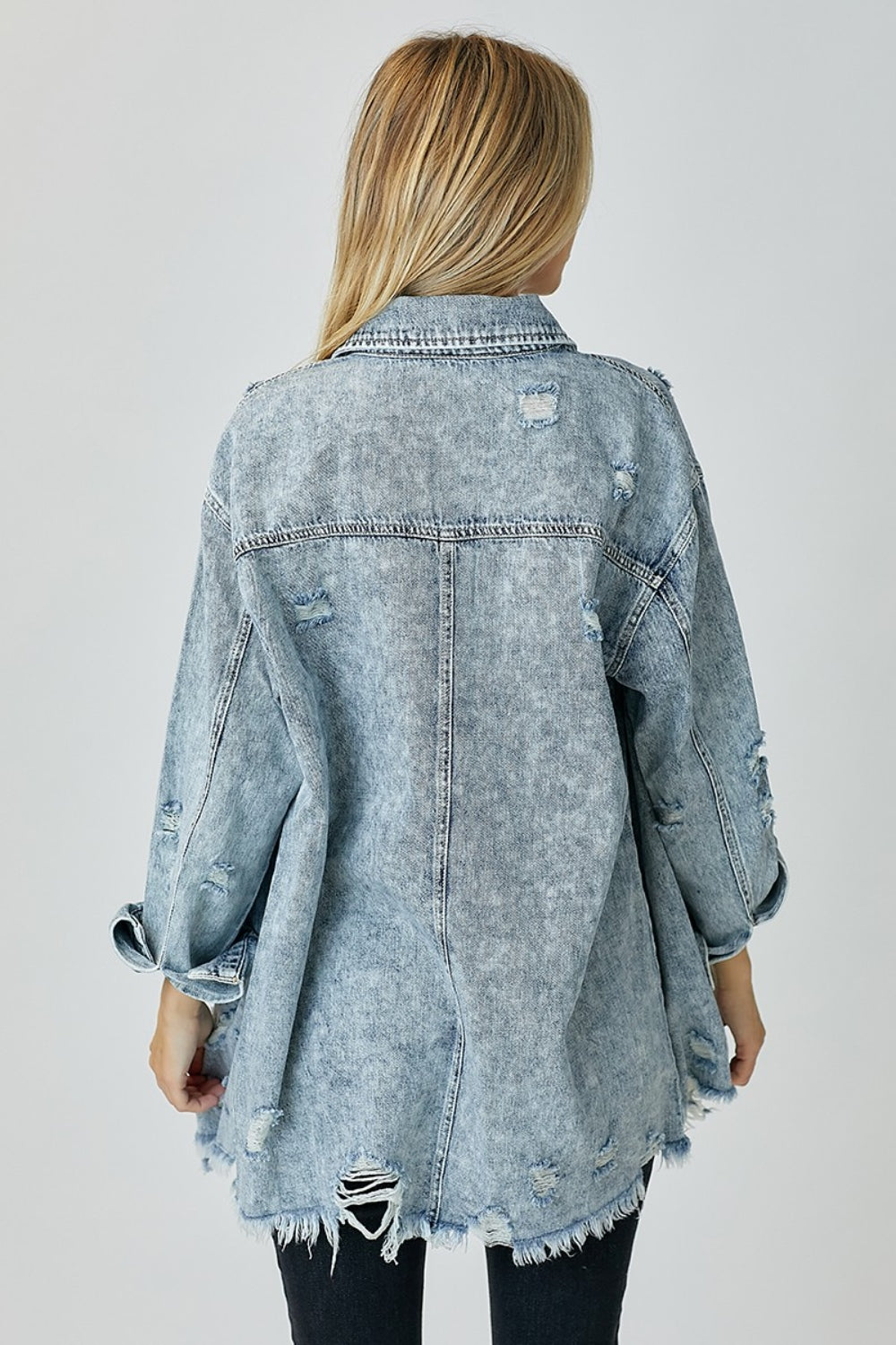 RISEN Distressed Raw Hem Denim Shirt - SHIRTS & BLOUSES - Grey