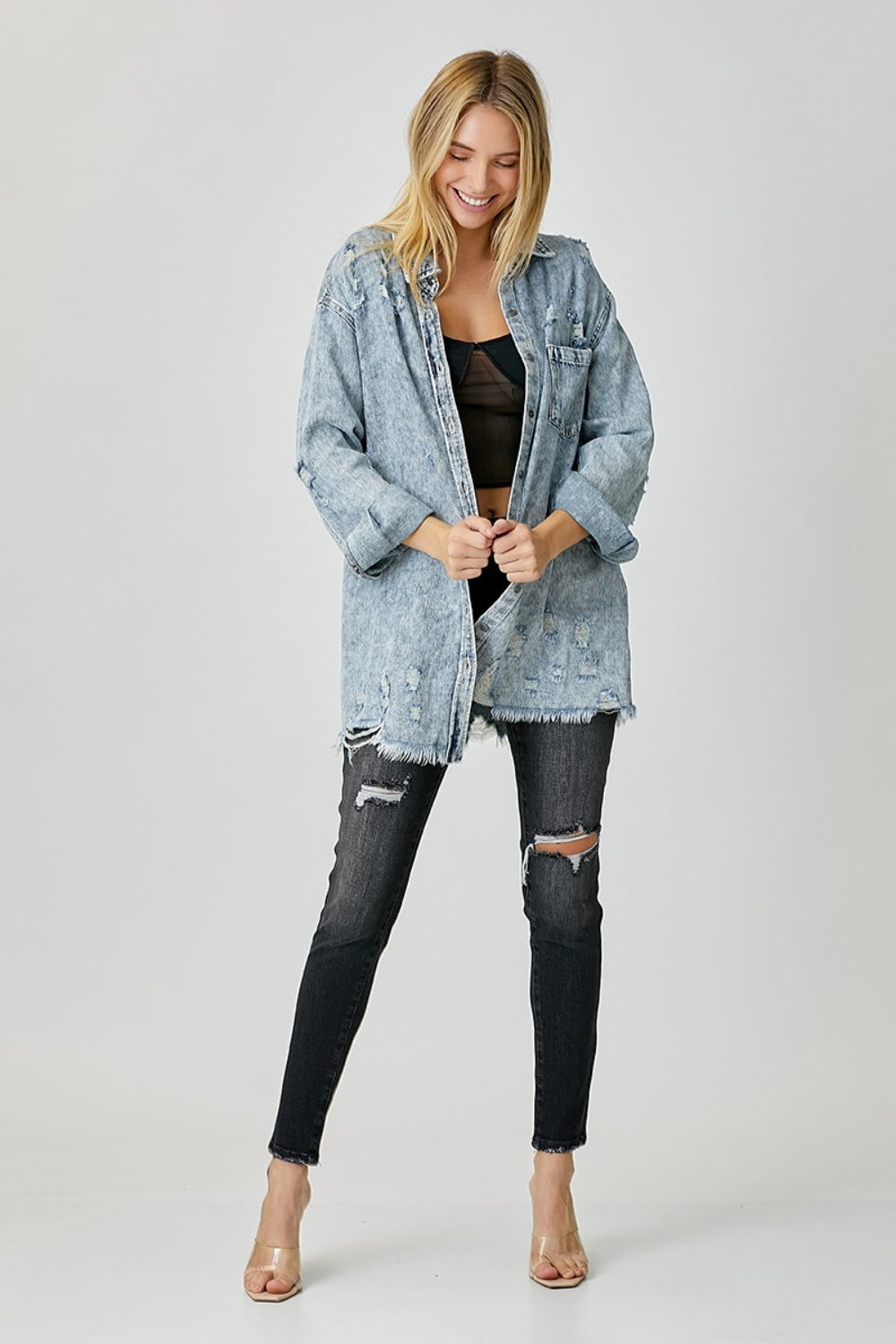 RISEN Distressed Raw Hem Denim Shirt - SHIRTS & BLOUSES - Grey