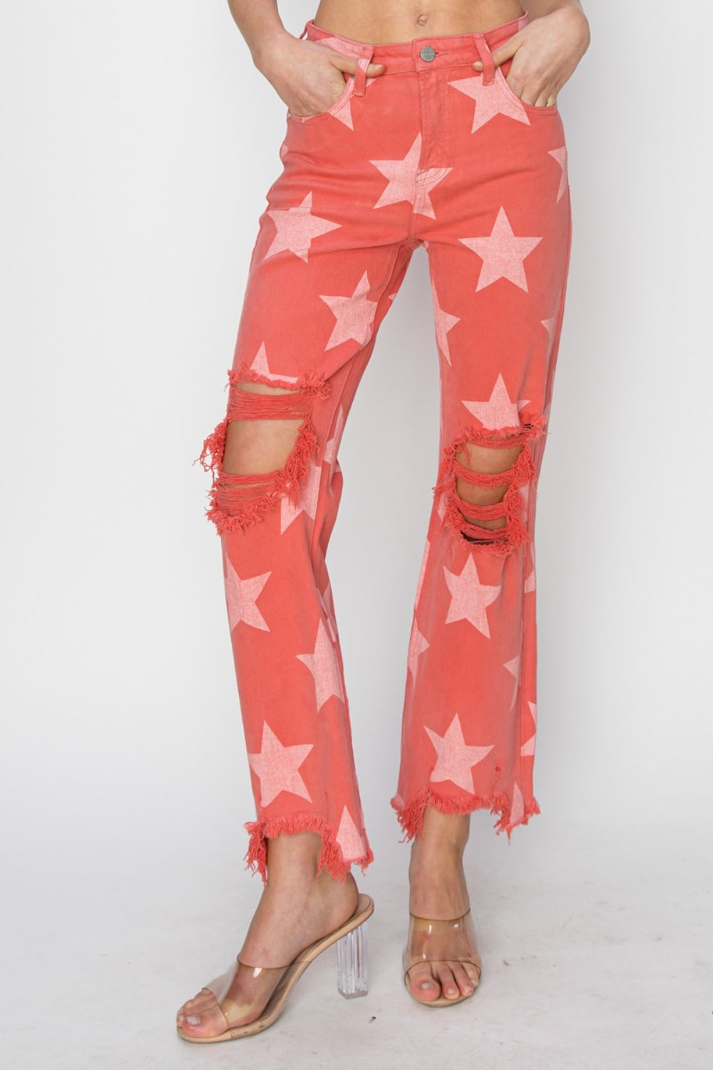 RISEN Full Size Distressed Raw Hem Star Pattern Jeans - JEANS - Peach