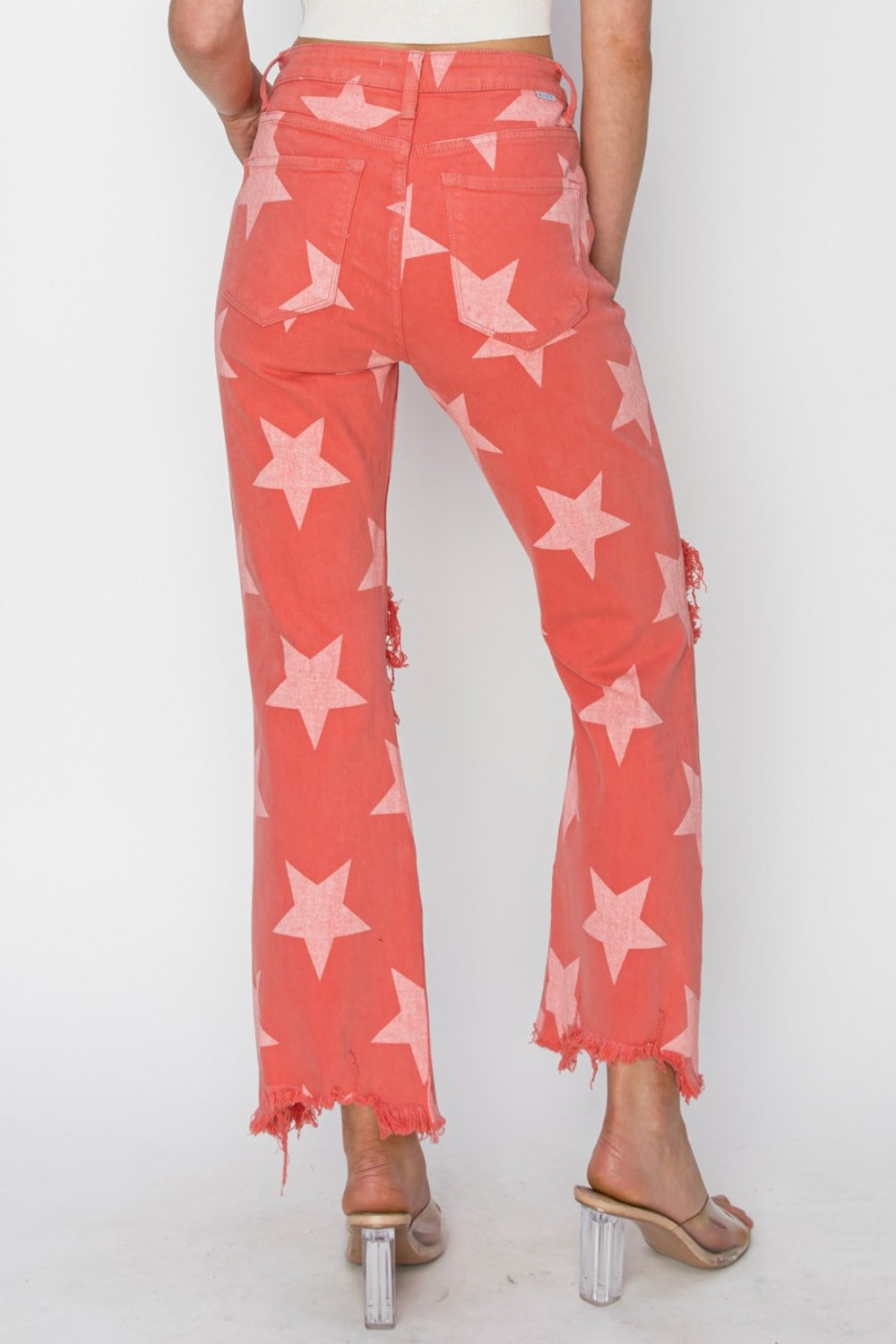 RISEN Full Size Distressed Raw Hem Star Pattern Jeans - JEANS - Peach