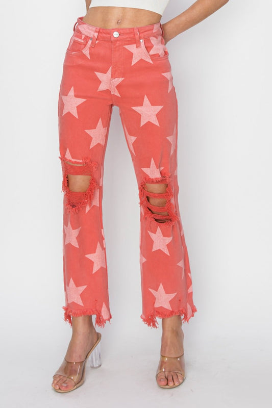 RISEN Full Size Distressed Raw Hem Star Pattern Jeans - Peach Blossom / JEANS - Peach