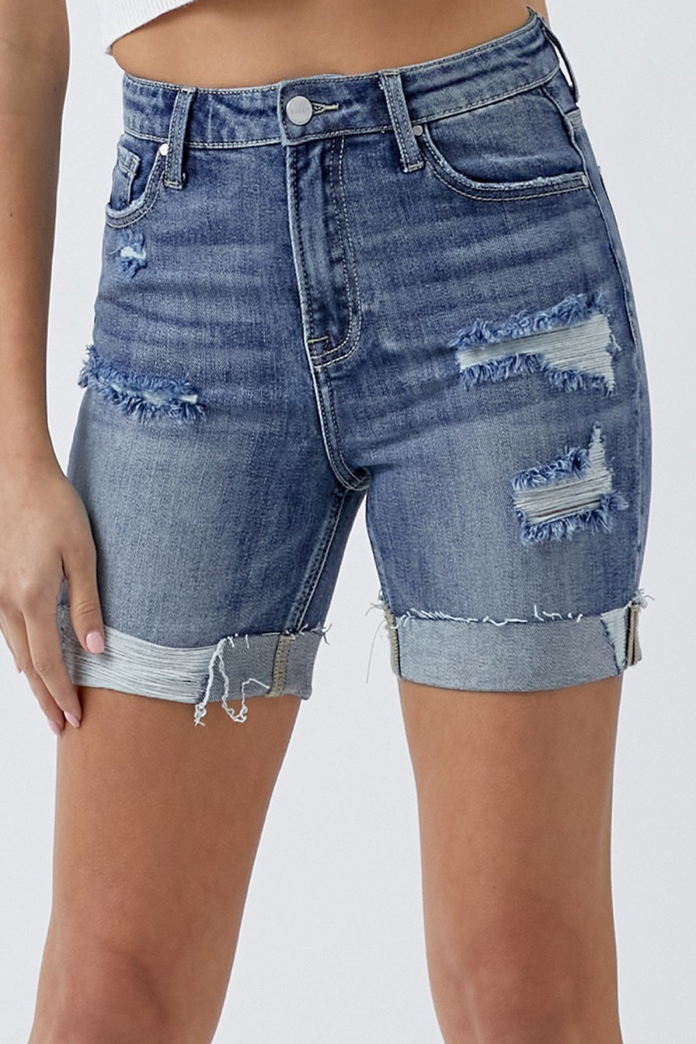 RISEN Full Size Distressed Rolled Denim Shorts with Pockets - Medium / S - BOTTOMS - Medium Denim