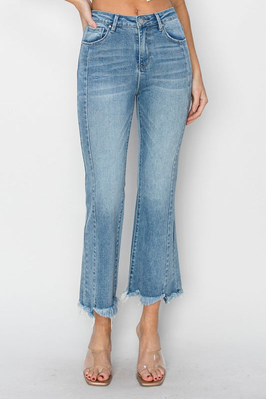 RISEN Full Size High Rise Frayed Hem Flare Jeans - Light / JEANS - Light Denim