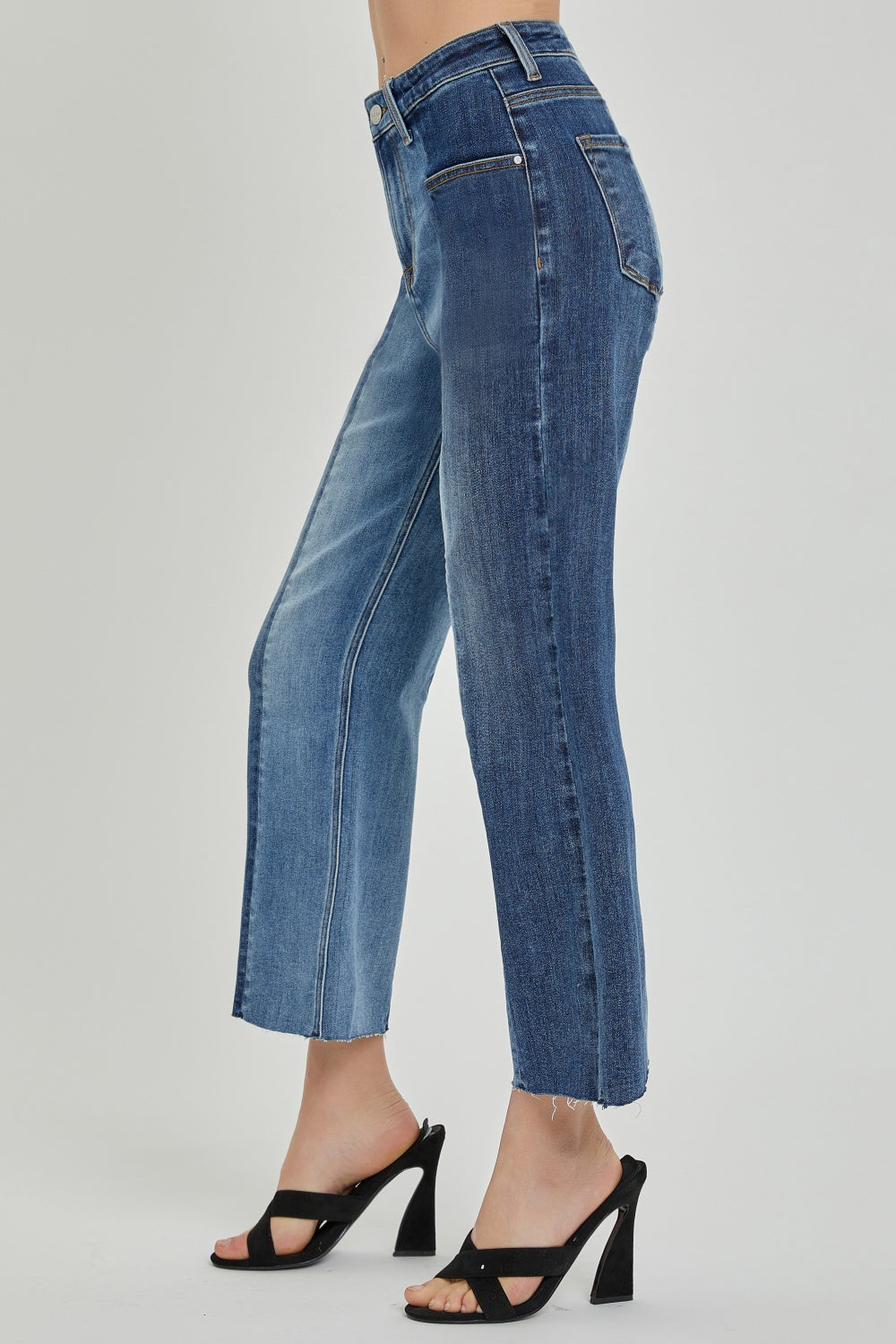 RISEN Full Size Mid-Rise Waist Two-Tones Jeans with Pockets - JEANS - Dark Blue