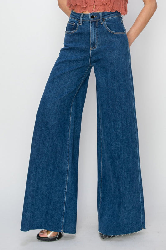 RISEN High Rise Palazzo Jeans - Solid Dark / JEANS - Dark Blue