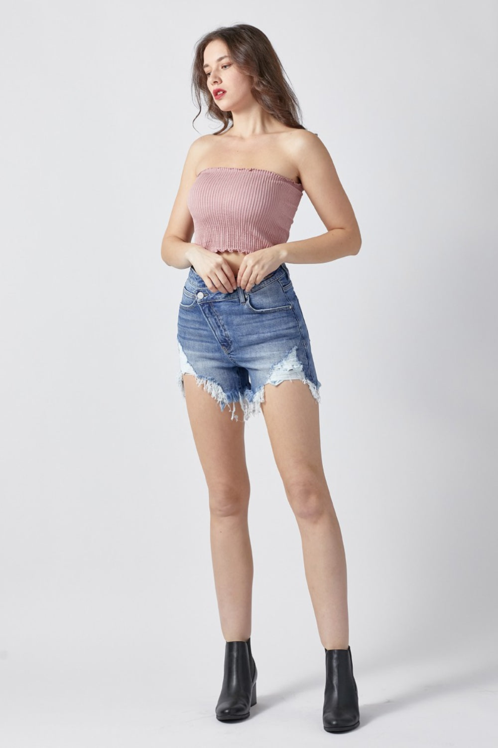 RISEN Raw Hem Asymmetrical Waist Denim Shorts - BOTTOMS - Medium Denim