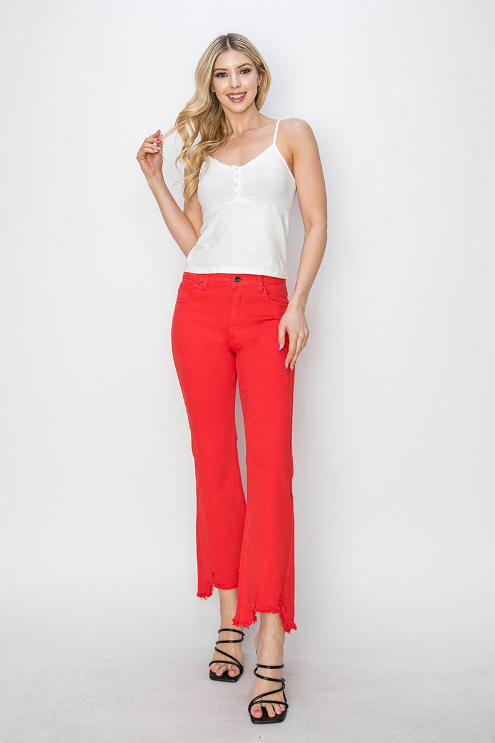 RISEN Raw Hem Bootcut Jeans with Pockets - BOTTOMS - Hot pink