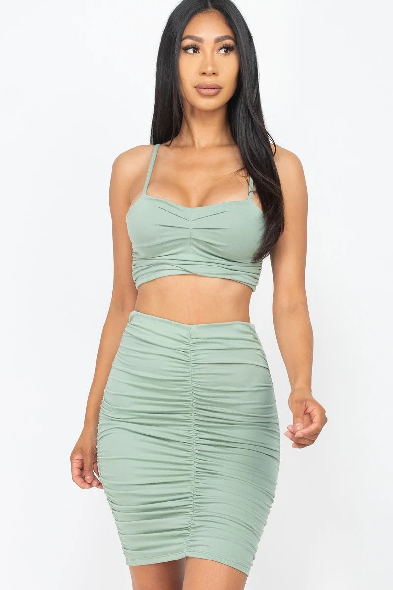 Ruched Crop Top And Skirt Sets Smile Sparker