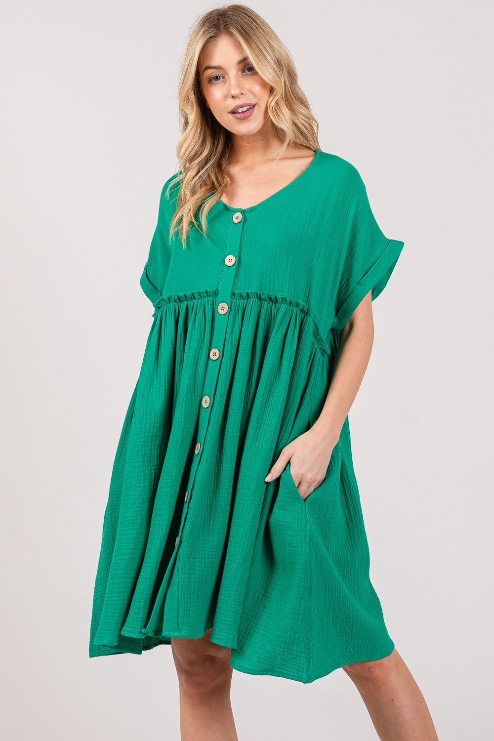 SAGE + FIG Full Size Button Up Short Sleeve Dress - DRESSES - Trendsi