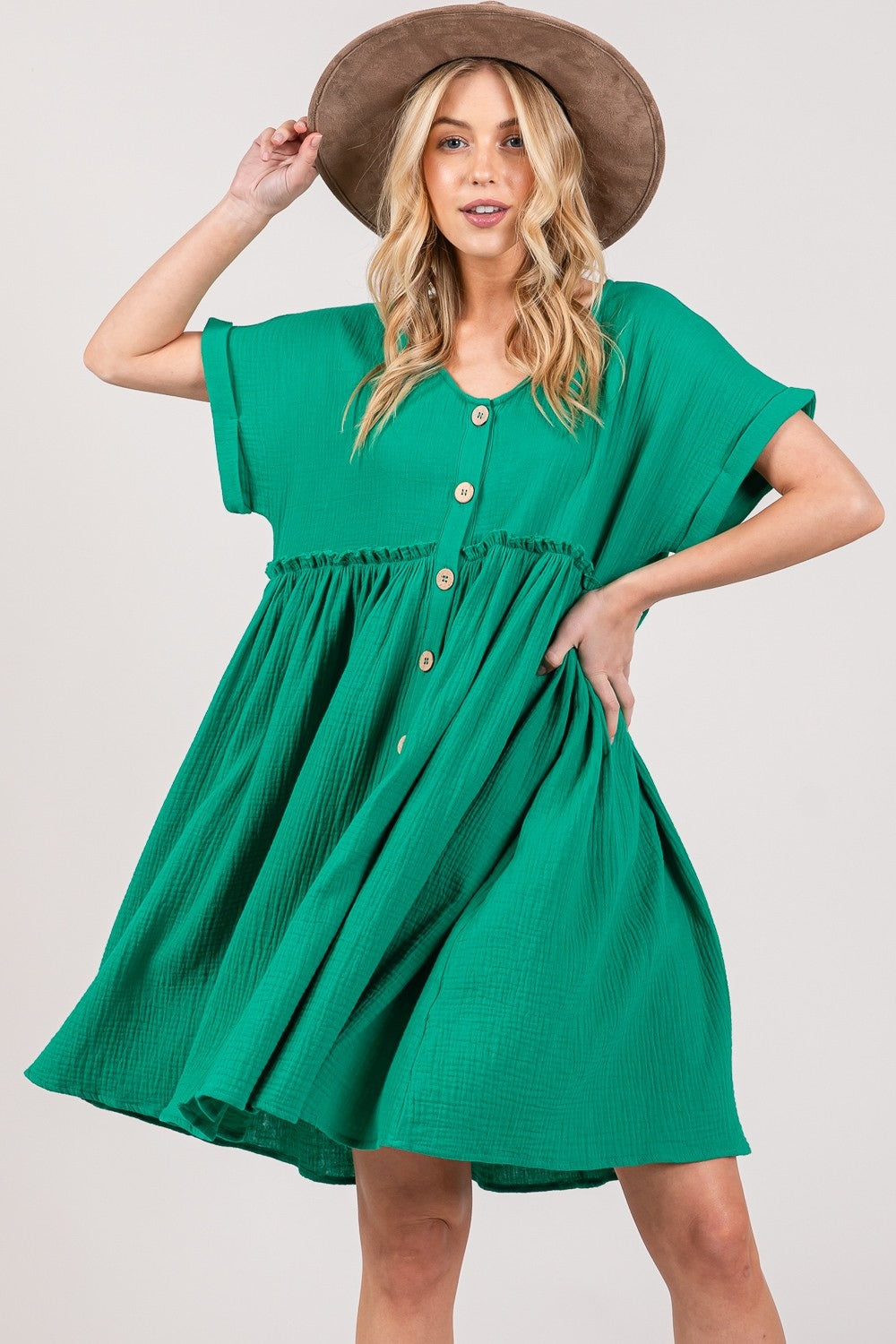 SAGE + FIG Full Size Button Up Short Sleeve Dress - DRESSES - Trendsi