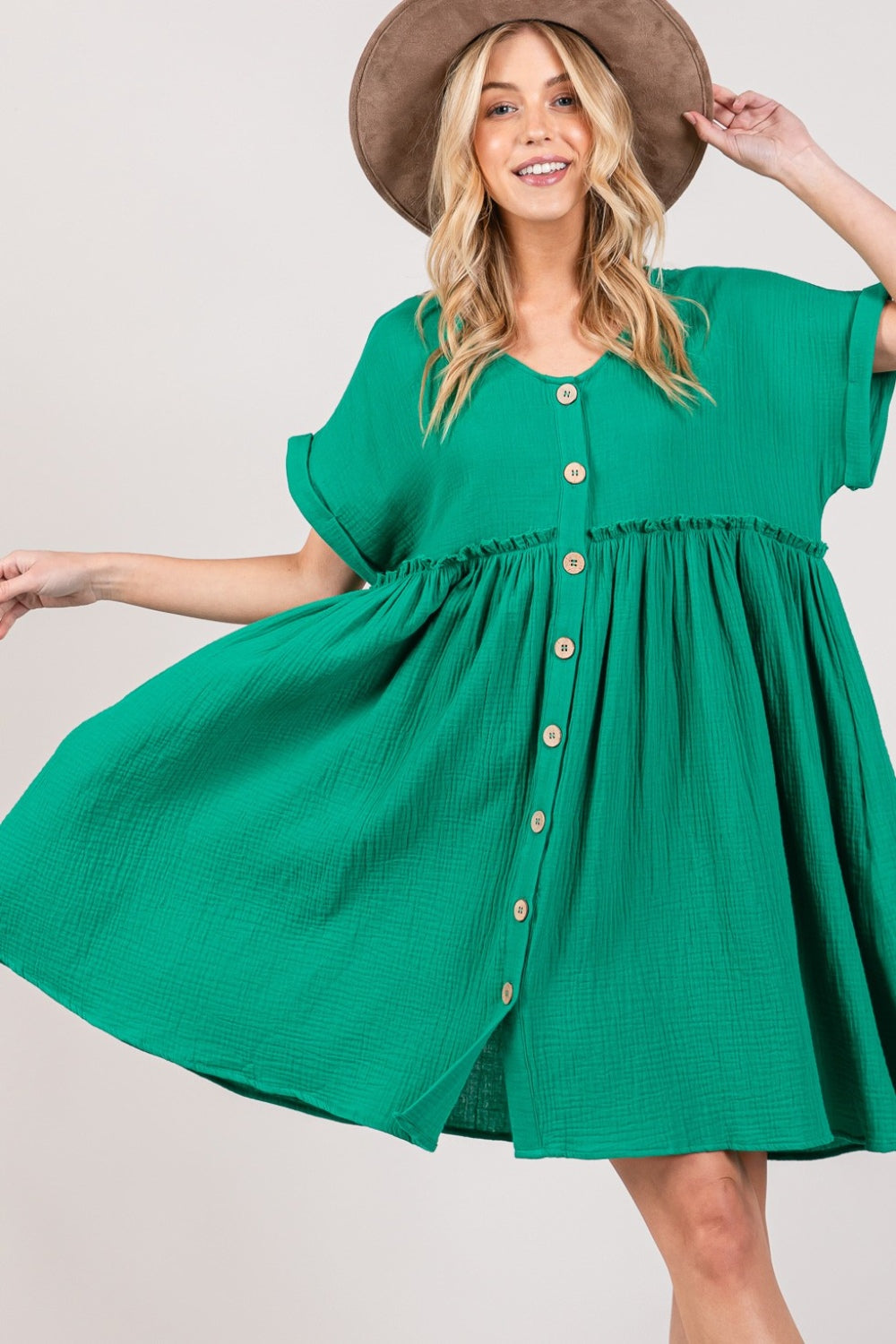 SAGE + FIG Full Size Button Up Short Sleeve Dress - DRESSES - Trendsi