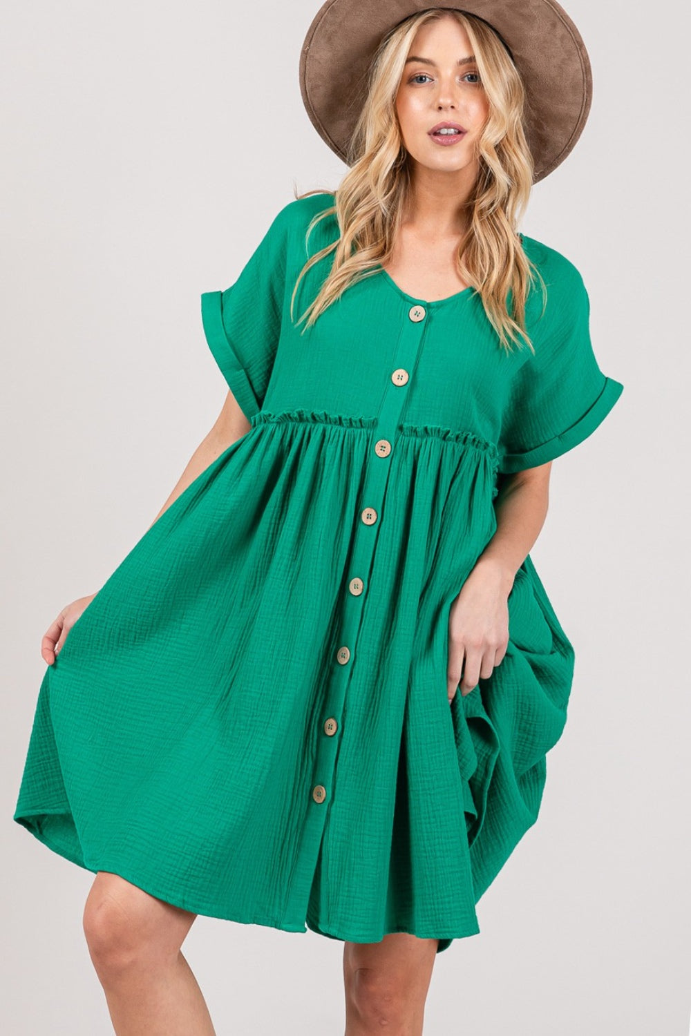 SAGE + FIG Full Size Button Up Short Sleeve Dress - Kelly Green / S - DRESSES - Trendsi