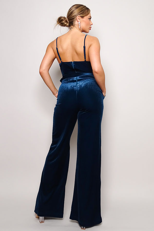 Samba Rhinestone Belt Velvet Jumpsuit - JUMPSUITS - Blue