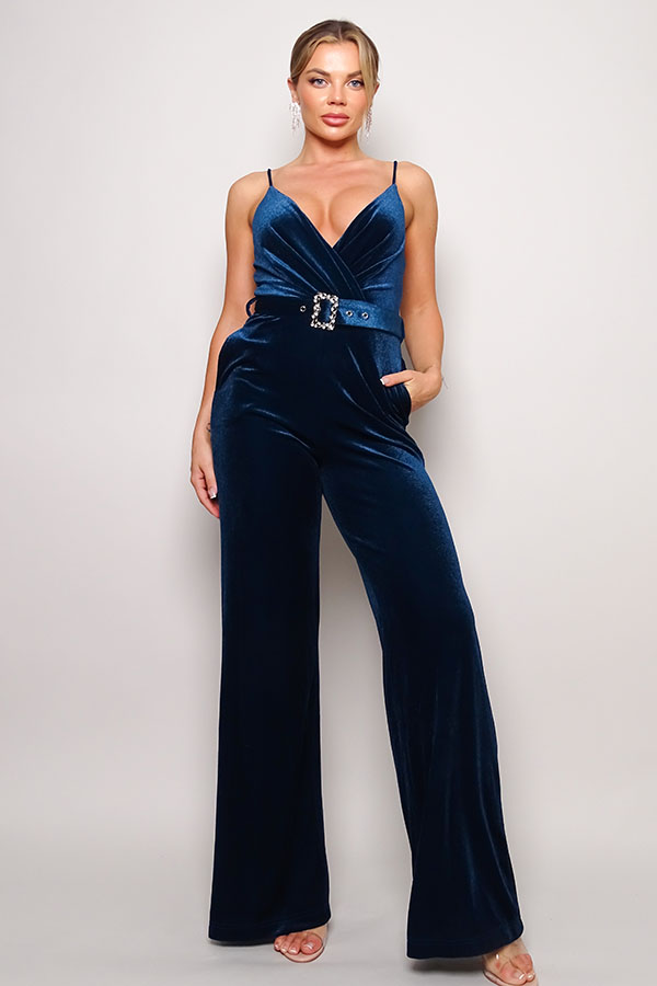 Samba Rhinestone Belt Velvet Jumpsuit - JUMPSUITS - Blue