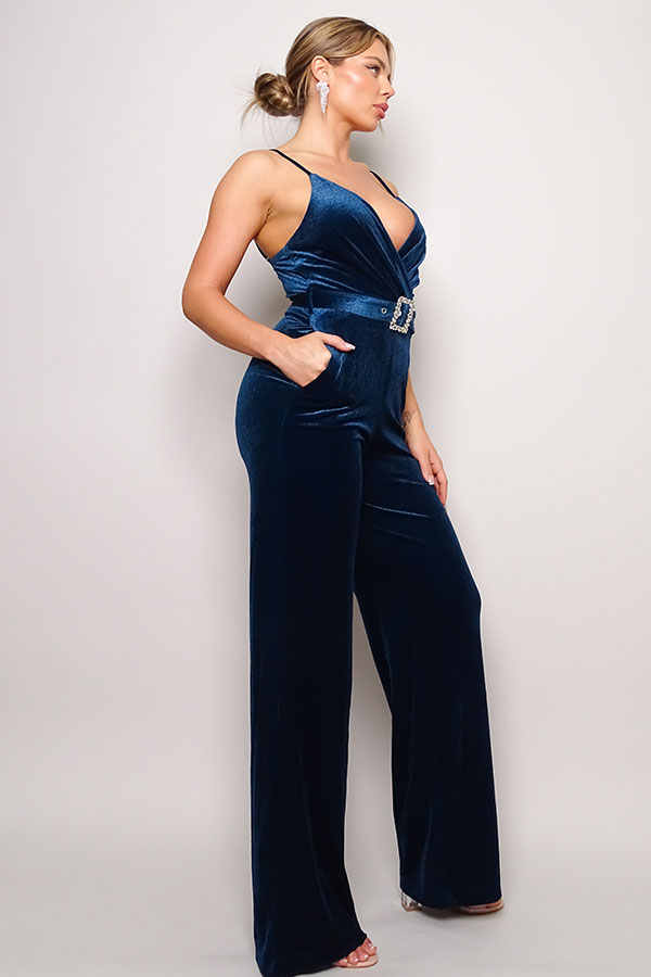 Samba Rhinestone Belt Velvet Jumpsuit - JUMPSUITS - Blue