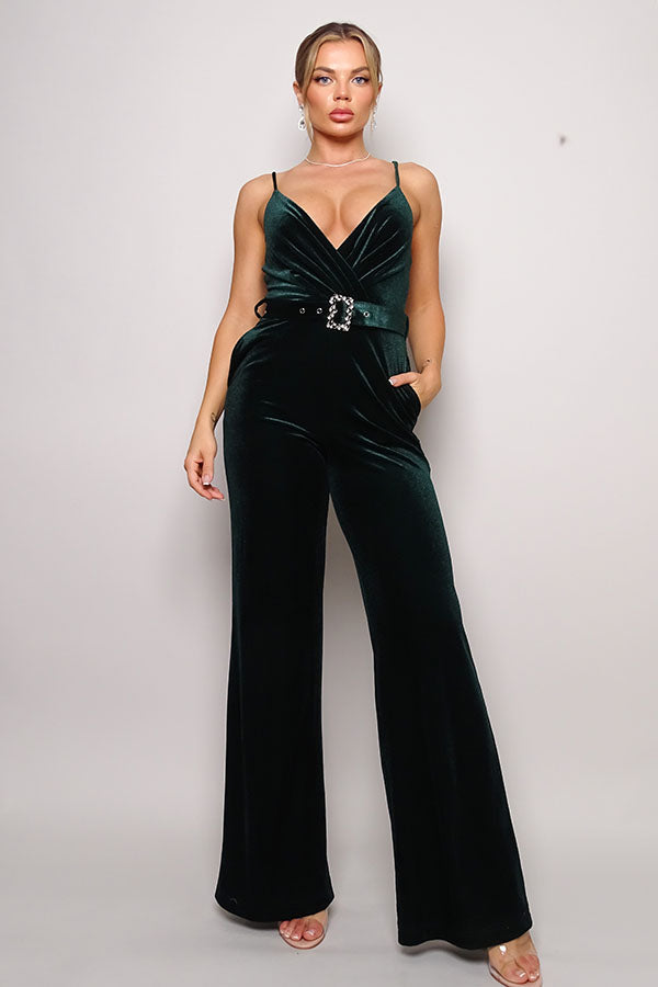 Samba Rhinestone Belt Velvet Jumpsuit - JUMPSUITS - Green