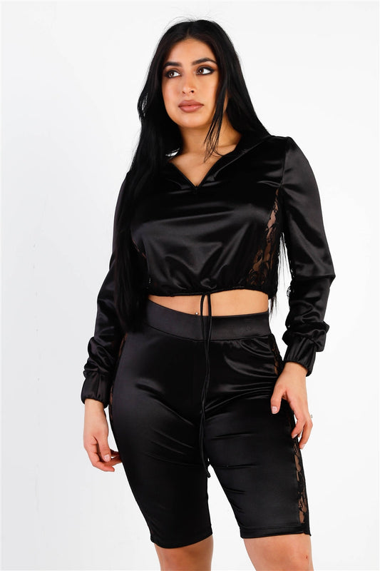 Satin Lace Details Long Sleeve Hooded Crop Top & Biker Short Set Smile Sparker