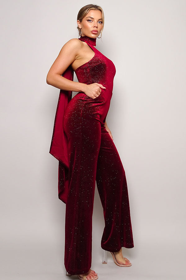 Scarf Top Glitter Velvet Jumpsuit - JUMPSUITS - Red