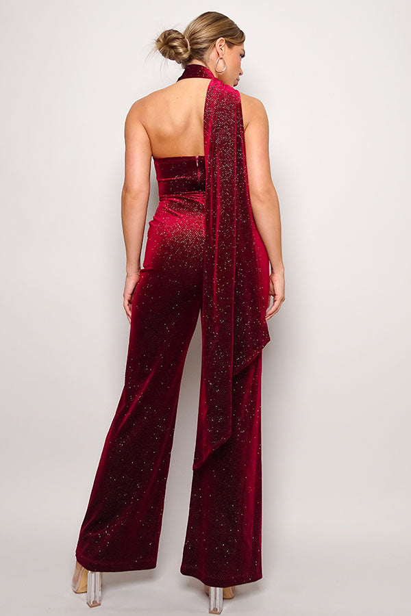 Scarf Top Glitter Velvet Jumpsuit - JUMPSUITS - Red