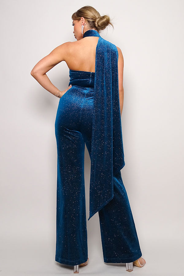 Scarf Top Glitter Velvet Jumpsuit - JUMPSUITS - Blue