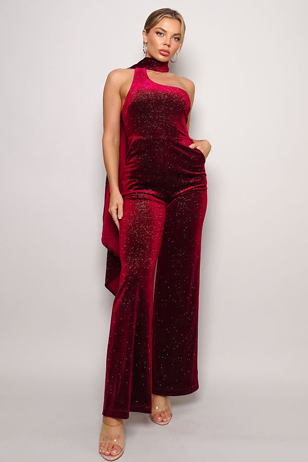 Scarf Top Glitter Velvet Jumpsuit - JUMPSUITS - Red