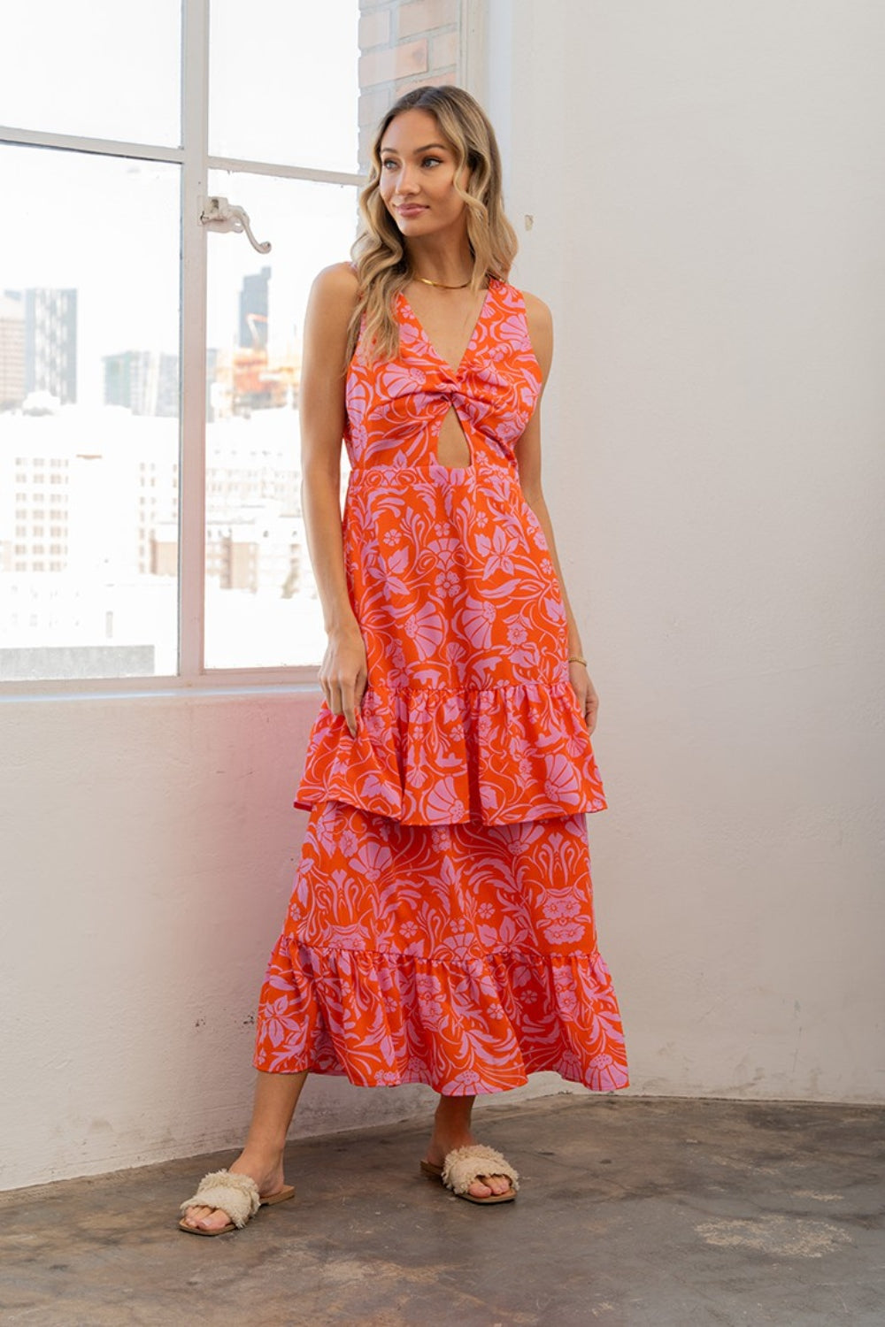 Sew In Love Full Size Floral Ruffled Maxi Sleeveless Dress - Orange/Violet / S - DRESSES - Multi