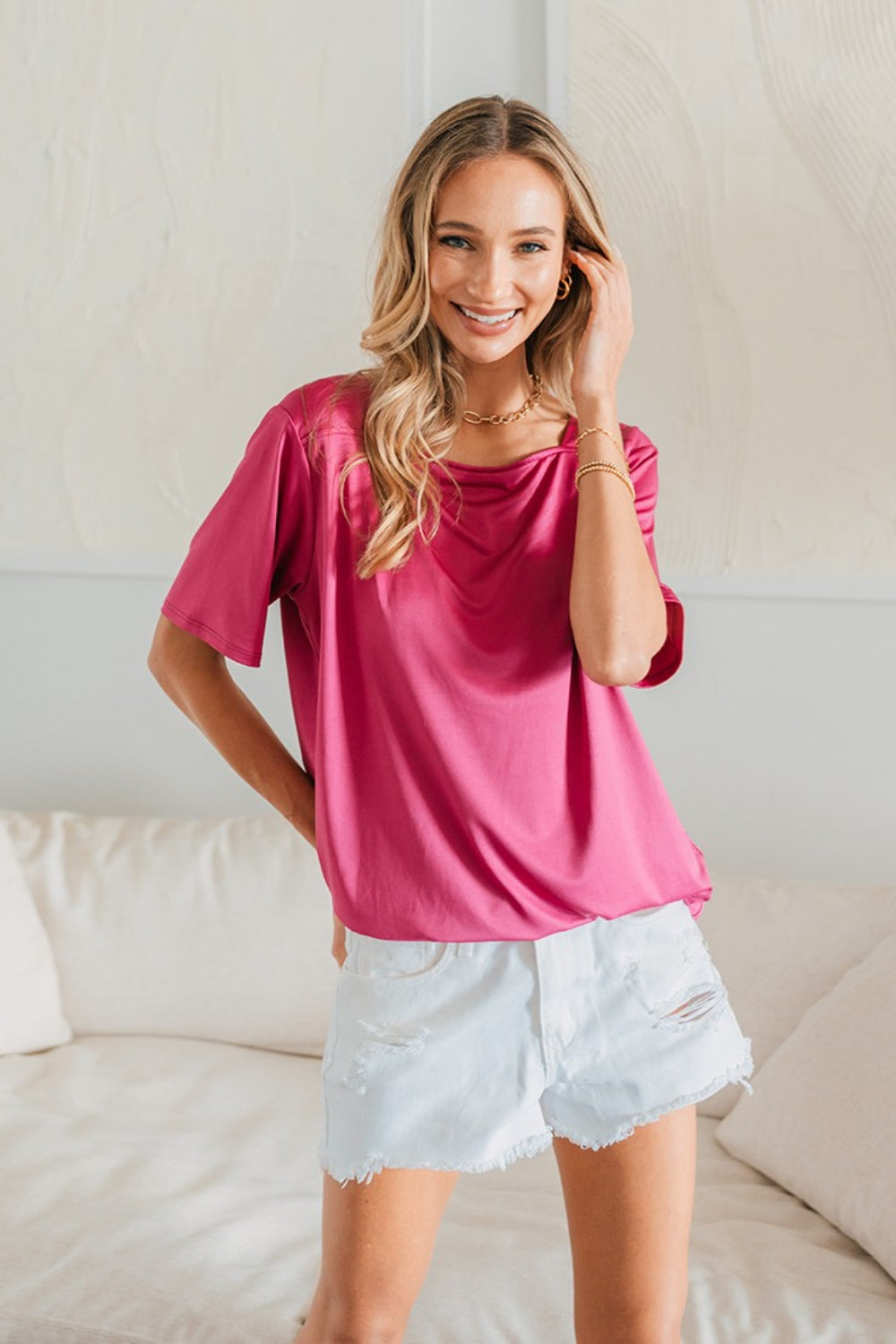 Sew In Love Full Size Square Neck Short Sleeve Top - Fuchsia / S - TOPS - Fuchsia