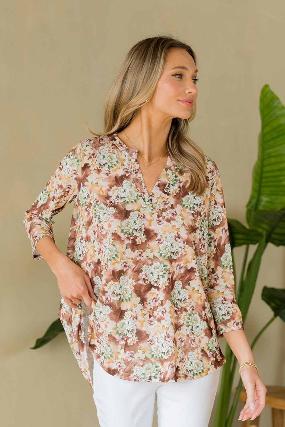 Sew In Love Full Size Wrinkle-Free Floral Notched Top - TOPS - Brown