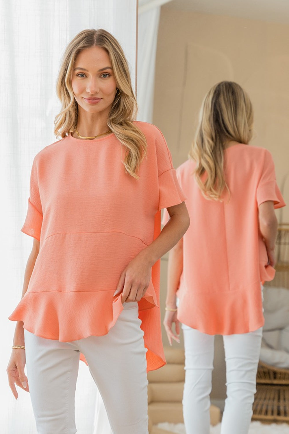 Sew In Love Round Neck Ruffled Top - Coral / S - TOPS - Coral