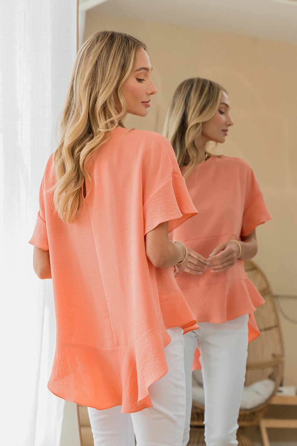 Sew In Love Round Neck Ruffled Top - TOPS - Coral