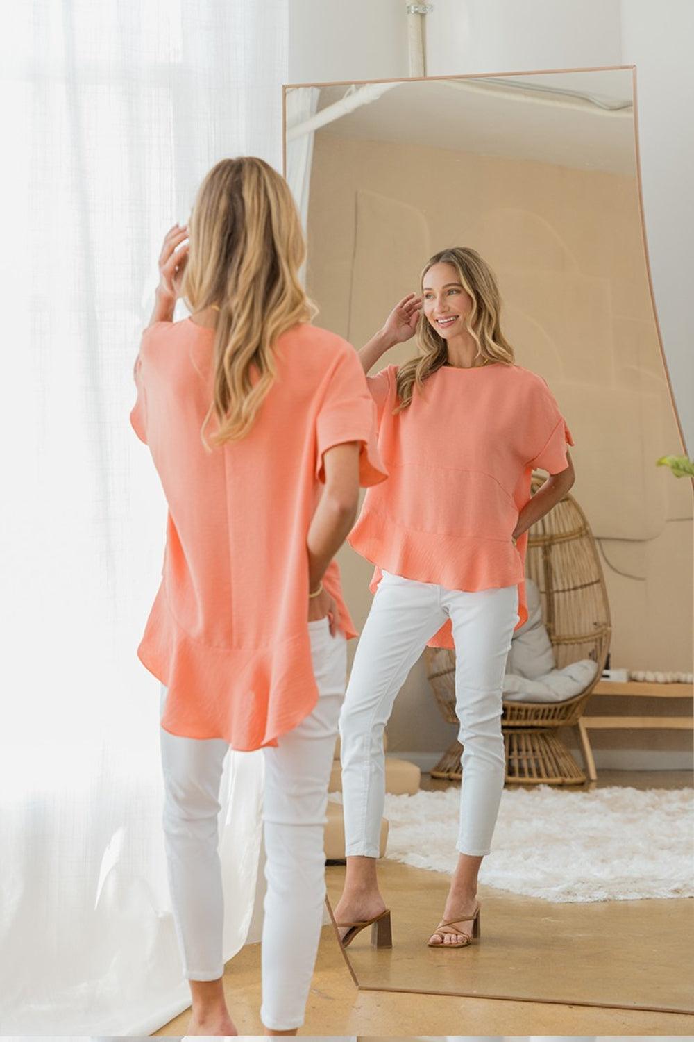 Sew In Love Round Neck Ruffled Top - TOPS - Coral