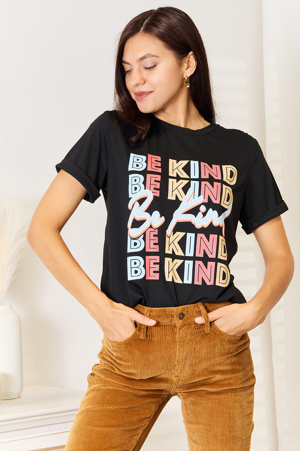 Simply Love BE KIND Graphic Round Neck T-Shirt - SHIRTS & BLOUSES - Black