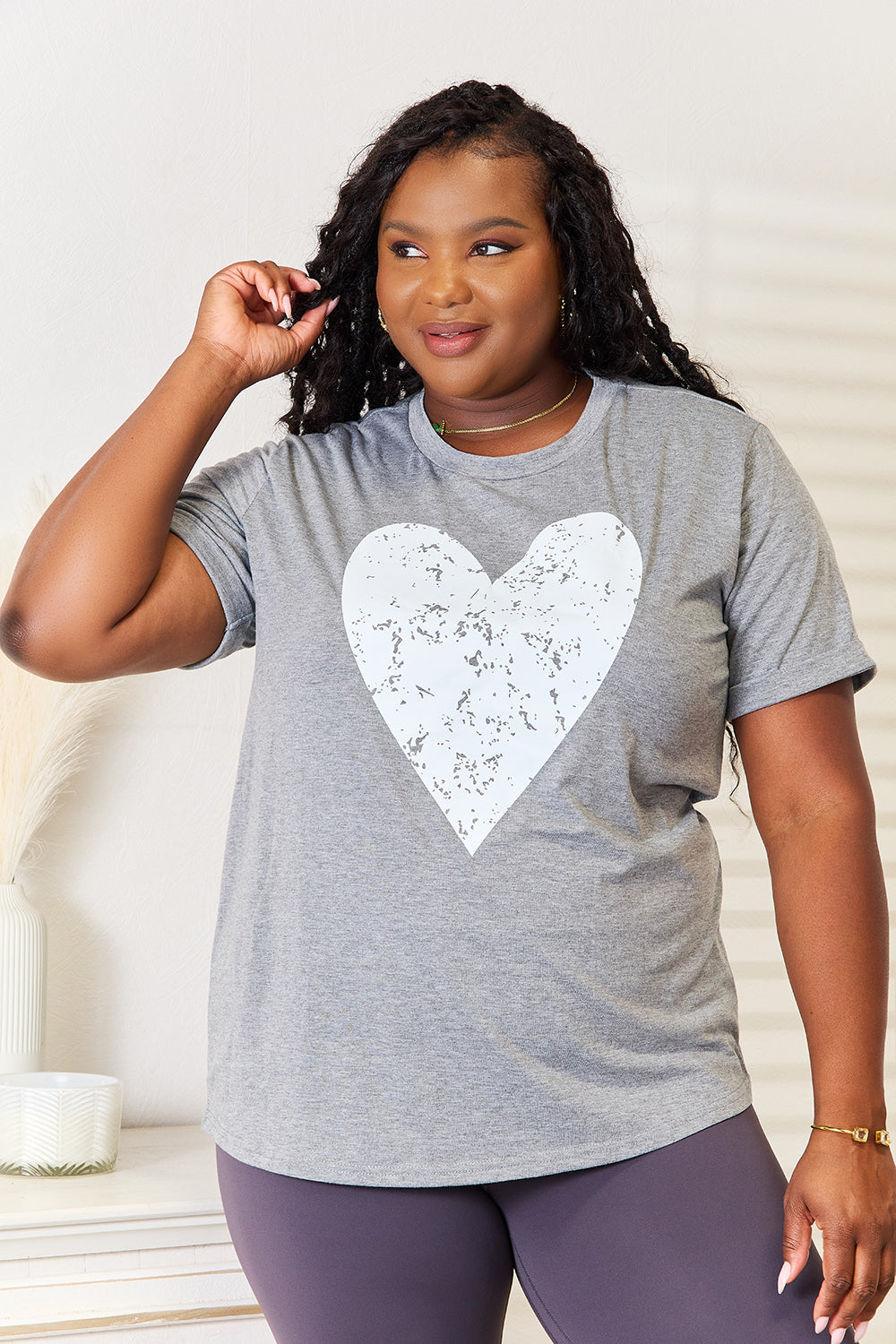 Simply Love Heart Graphic Cuffed Short Sleeve T-Shirt - Gray / S - SHIRTS & BLOUSES - Grey