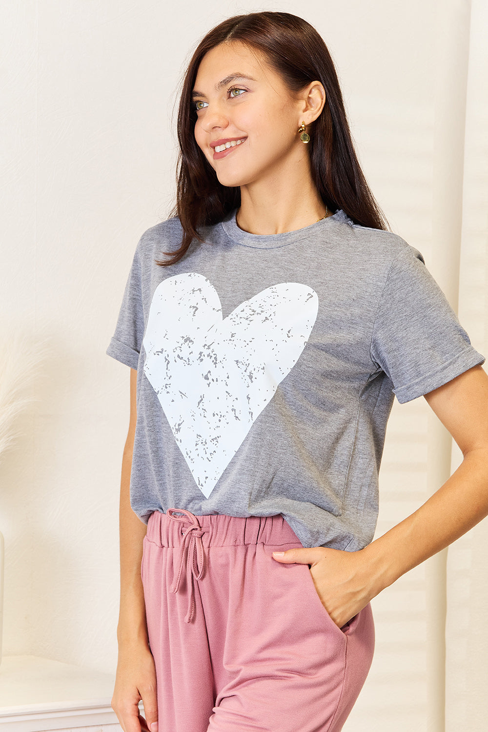 Simply Love Heart Graphic Cuffed Short Sleeve T-Shirt - SHIRTS & BLOUSES - Grey