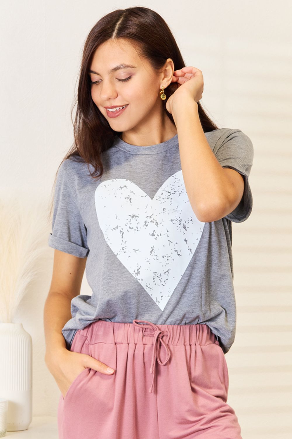 Simply Love Heart Graphic Cuffed Short Sleeve T-Shirt - SHIRTS & BLOUSES - Grey