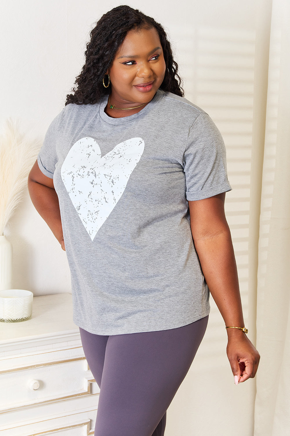 Simply Love Heart Graphic Cuffed Short Sleeve T-Shirt - SHIRTS & BLOUSES - Grey